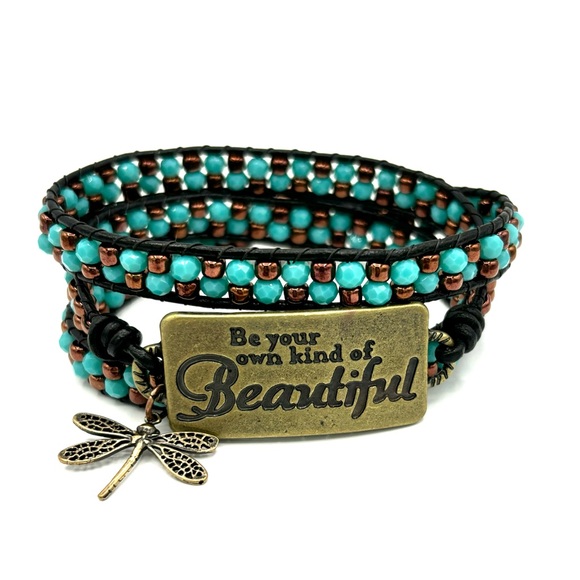 Hand Crafted Inspirational Wrap Bracelet with Aqua Crystal - Picture 1 of 9